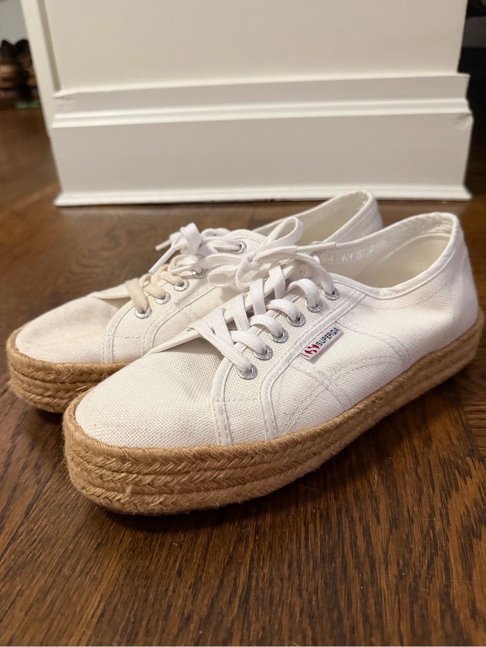 Superga White Canvas Espadrille Platform Sneakers with Natural Jute Sole